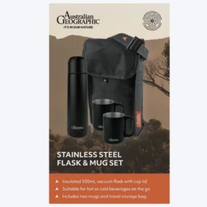 Australian Geographic Stainless Steel Flask & Mug Set-Black